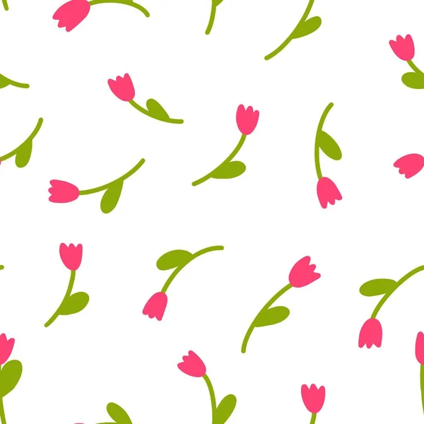 Seamless pattern of small pink tulips on a white background. Beautiful bright tulips on green stems in a chaotic manner in the form of a pattern. Element for your design.