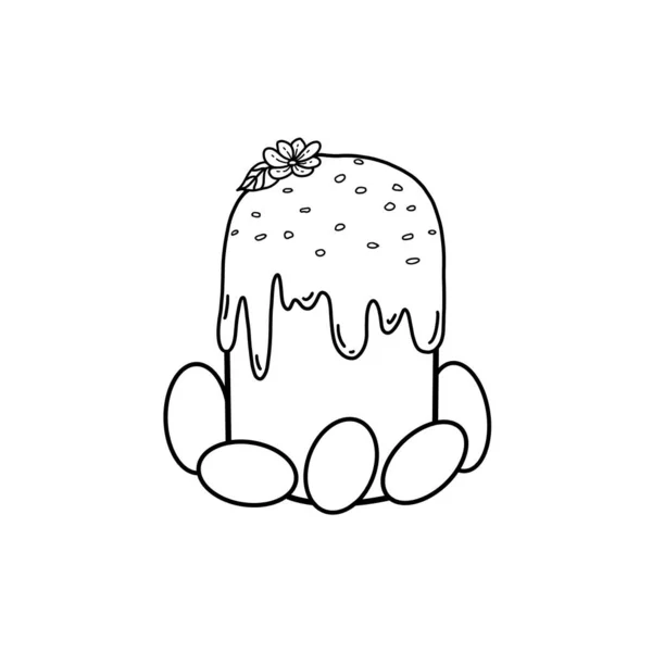 Beautiful decorated Easter cake with five eggs on a white background. Black and white illustration of festive baking decorated with icing, sprinkles and a flower. Isolated object for your design.