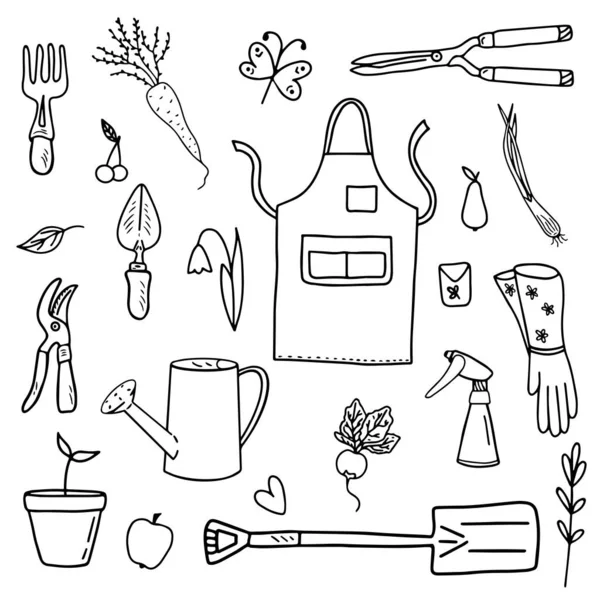 一套花园工具 白色背景的水果 园艺用的各种元素的黑白矢量集 供你设计的独立物件 — 图库矢量图片
