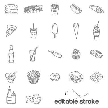Fast food ve yanlış yemek teması üzerine ikonalar. Dondurma, rulo, çizburger ve hamburger, patates kızartmalı sos, soda, cips, kek ve Wok noodle..