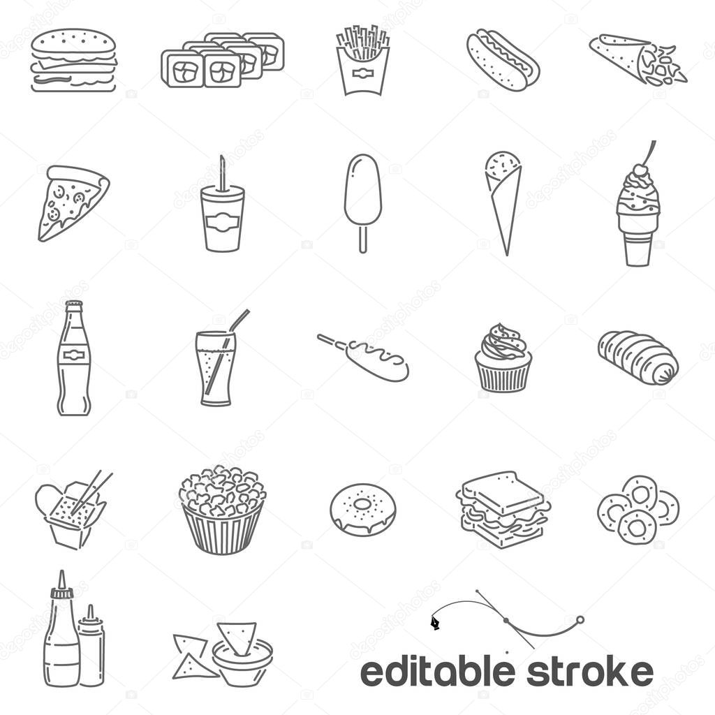 Icons on the theme of fast food and wrong food. Ice cream,rolls,cheeseburgers and burgers, sauces with French fries, soda, Nachos chips,cupcakes and Wok noodles.