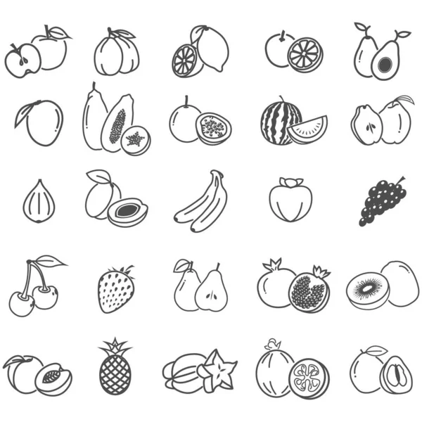 25 egzotik meyve ve dut ikonu. Vektör illüstrasyonu Elma, erik, limon, portakal, avokado, mango, papaya, tutku meyvesi, karpuz, ayva, incir, kayısı, muz, üzüm, kiraz, çilek, armut