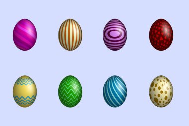 Farklı parlak renklerde (pembe, kırmızı, sarı, yeşil, mavi) benekli, çizgili ve geometrik desenli 8 renkli Paskalya yumurtası. Işık bayramı. Yaratılış..