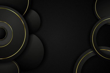 Siyah zemin üzerinde altın halkalar şeklinde zarif geometrik şekiller. Gerçekçi arkaplan.
