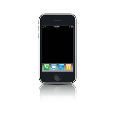 Düğmeli siyah bir iPhone ve gölgeli uygulamalar ve beyaz bir arkaplanda yansıma.