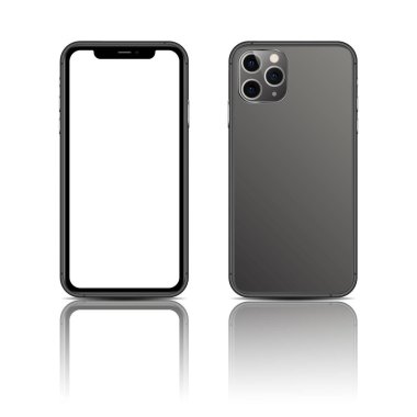Ekranın ve arka panelin telefon görüntüsü. 3 kamera lensi. Modelleme. Metin için alanı olan ekran.