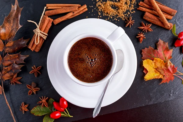 Zwarte hete koffie in witte kop met anis sterren, bruine suiker en kaneel stokjes op stenen bord herfst thema — Stockfoto