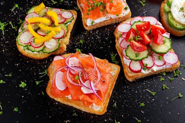 Vejetaryen tost sandviç somon, raddish, domates, salatalık, avokado, kızarmış yumurta ve tatlı biber ile çeşitli