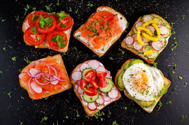 Vejetaryen tost sandviç somon, raddish, domates, salatalık, avokado, kızarmış yumurta ve tatlı biber ile çeşitli
