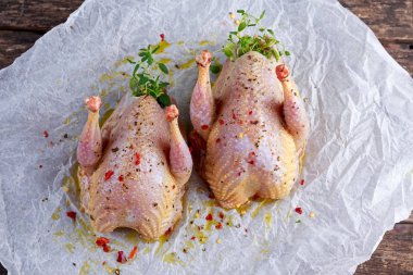 Ham pişirmeye hazır keklik buruşuk kağıt üzerinde görmüş.
