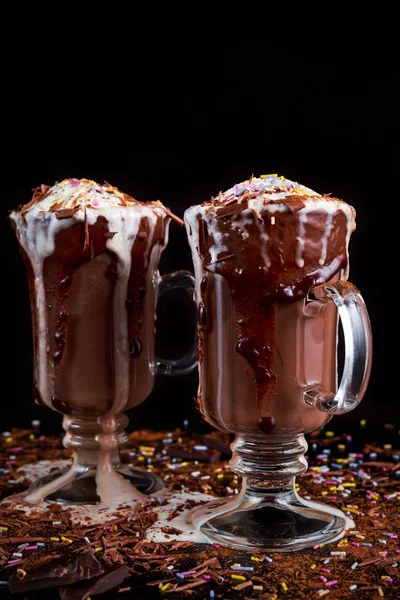 Hot chocolate ice cream float dessert in a big cup