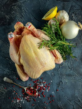 Tüm çiğ tavuk yemek pişirmek için malzemelerle. taş zemin üzerine