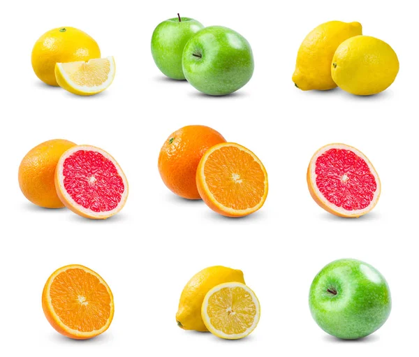 Set van sappig fruit - groene appel, sinaasappel, citroen, grapefruit. rijk aan vitaminen. geïsoleerd op witte achtergrond. — Stockfoto