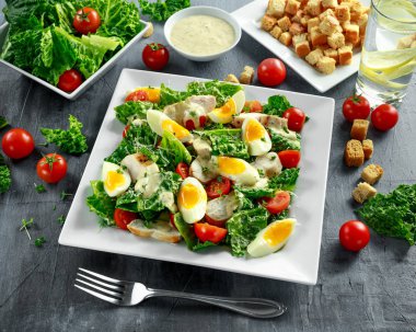 Tavuk, yumurta, domates, peynir ve Croutons beyaz plaka üzerinde taze sağlıklı Sezar salata