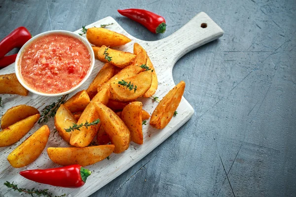 Batata frita cunhas com molho de salsa quente, pimenta, ervas na tábua branca — Fotografia de Stock