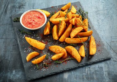 Kızarmış patates dilimleri ile sıcak salsa sos, taş tahta üzerinde otlar