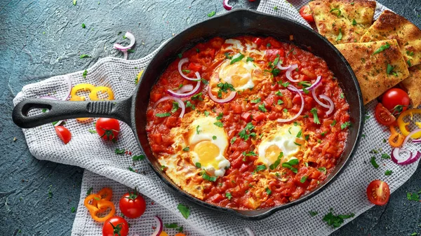 Lezzetli Breakfast Shakshuka demir Pan içinde Kızarmış yumurta domates, kırmızı, sarı biber, soğan, maydanoz, pide ve otlar. Sağlıklı gıda