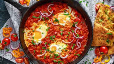Lezzetli Breakfast Shakshuka demir Pan içinde Kızarmış yumurta domates, kırmızı, sarı biber, soğan, maydanoz, pide ve otlar. Sağlıklı gıda