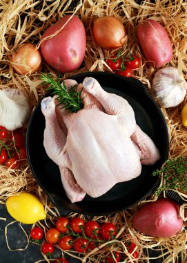 Tüm çiğ ücretsiz aralığı tavuk biberiye yaprağı, kekik, limon, kırmızı patates ve sarımsak ile rustik tavada. pişirmeye hazır