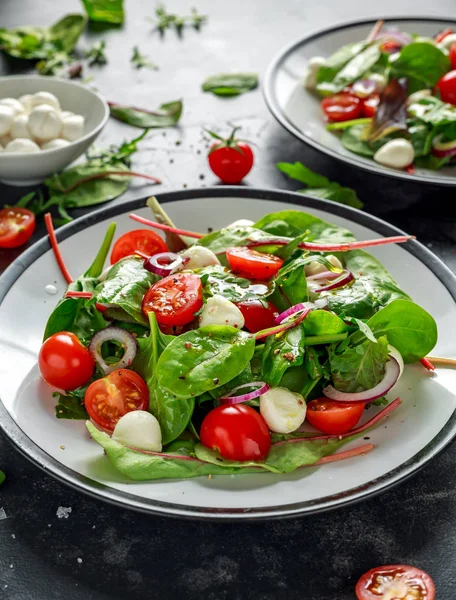 Свежий вишневый помидор, салат Моцарелла с зеленым салатом и красный лук. подается на тарелке. здоровое питание . — стоковое фото