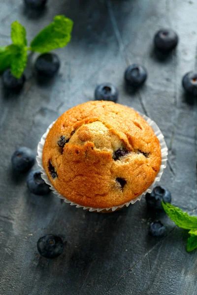 Blueberries muffins, cupcake with mint and berry — Stock Photo, Image