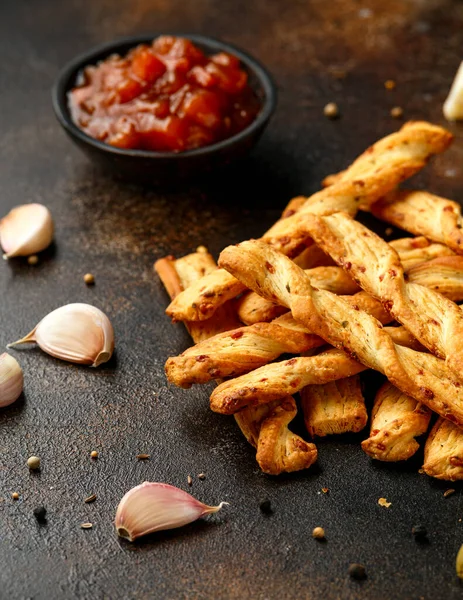 Cheese Twist Sticks Garlic Parmesan Chutney Party Food Snacks — Stock Photo, Image