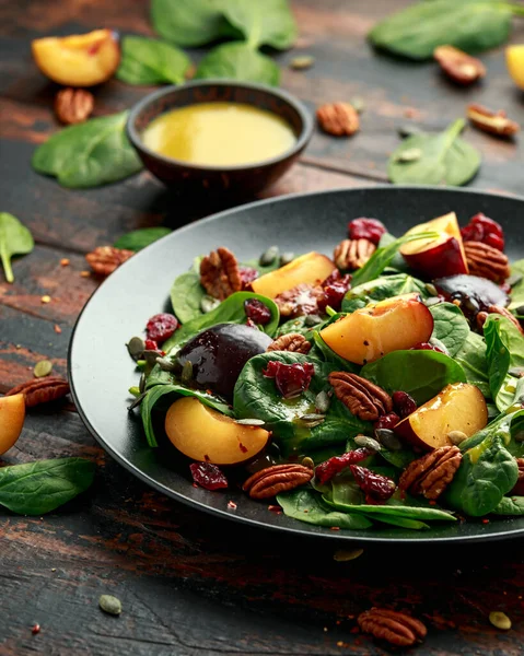 Vegan Plums Salad Cranberry Pumpkin Seed Pecans Nuts Spinach Mustard — Stock Photo, Image