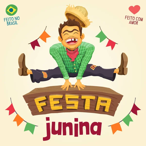 Festa junina (Brasilianische Juni-Party) - glücklicher Bauer springt über — Stockvektor