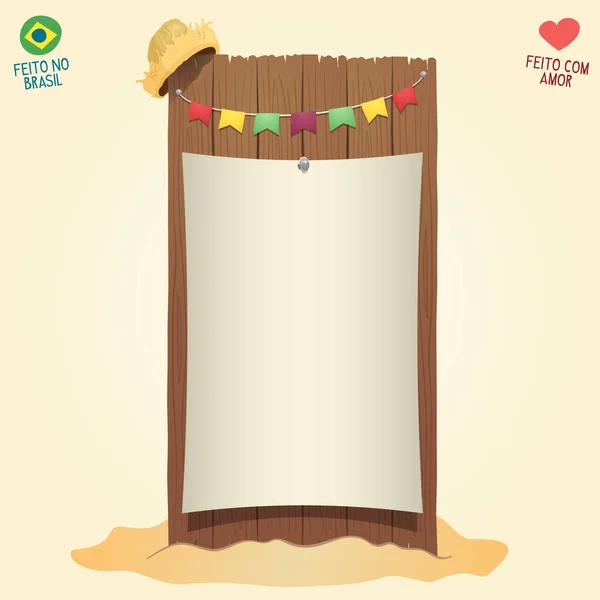 Junho Brasileiro Festa legal placa temática em branco com bandeiras e um chapéu de palha — Vetor de Stock