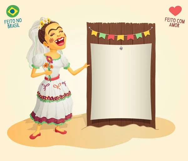 Brazilian June Party hick bride holding blank thematic board — Stock Illustration Brazilian June Party hick bride holding blank thematic board Stock Illustration