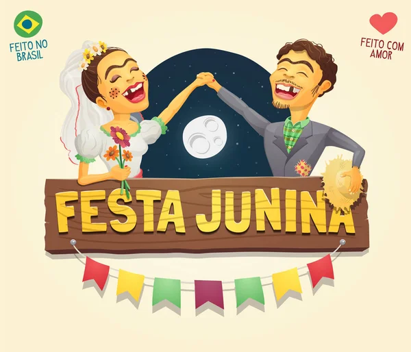 Brasileiro Junho Festa casal hick com logotipo sinal de madeira / cabeçalho — Fotografia de Stock
