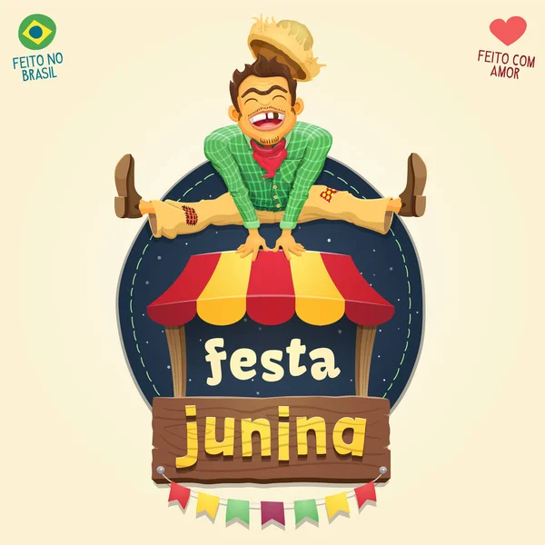 Happy hillbilly jumping over tent logo - Festa de Junho Brasileira — Fotografia de Stock