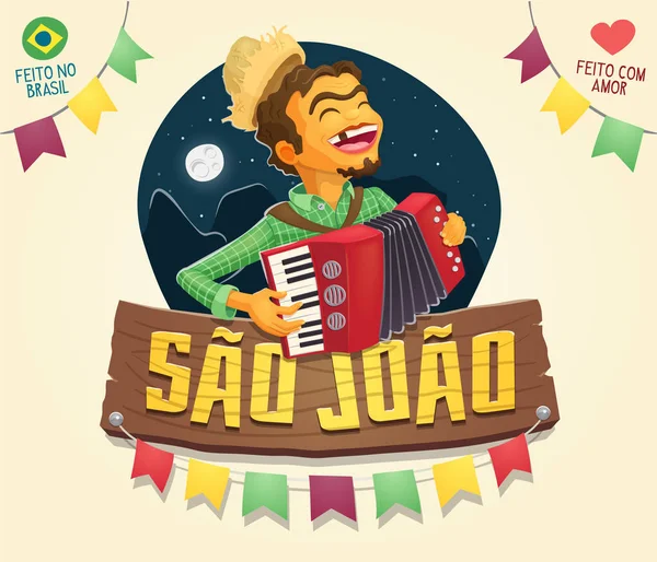 Sao Joao (Saint John) sign with happy hillbilly playing the acco — Stock Photo, Image