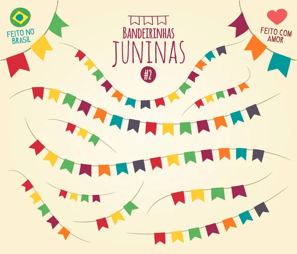 (Pequeñas banderas de la fiesta de junio) Estilo brasileño de la fiesta de junio pequeñas banderas de colores en varias dispuestas — Archivo Imágenes Vectoriales