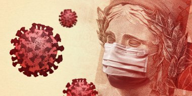 Concept for economic impact of the coronavirus pandemic. Brazilian Real - BRL currency banknote face wearing a mask besides floating viruses. clipart