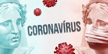 CORONAVIRUS iki Brezilya Real-BRL döviz yüzü arasındaki cesur yazıt. Biri sağlıklı, diğeri de maske takıyor. Koronavirüs salgınının ekonomik etkisi kavramı.