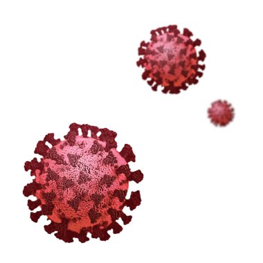 Coronavirus bileşimi. Beyaz üzerine izole edilmiş farklı odak uzaklıklarda bulunan kırmızı yüzen virüsler.