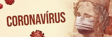 Koronavirüs salgınının ekonomik etkisi. CORONAVIRUS cesur yazıtlar ve yüzen virüsler yanı sıra bir Brezilya Real - BRL banknot yüzü maske takan.