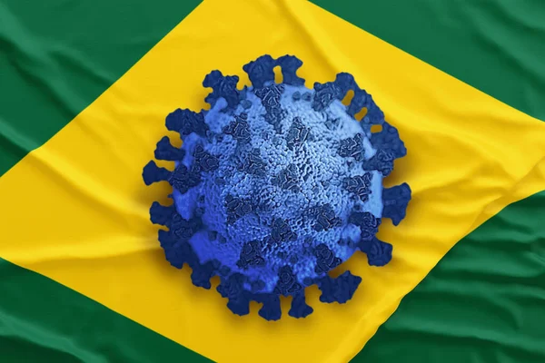 Coronavírus Azul Sobre Bandeira Brasileira Situação Covid Brasil Conceitos Relacionados — Fotografia de Stock