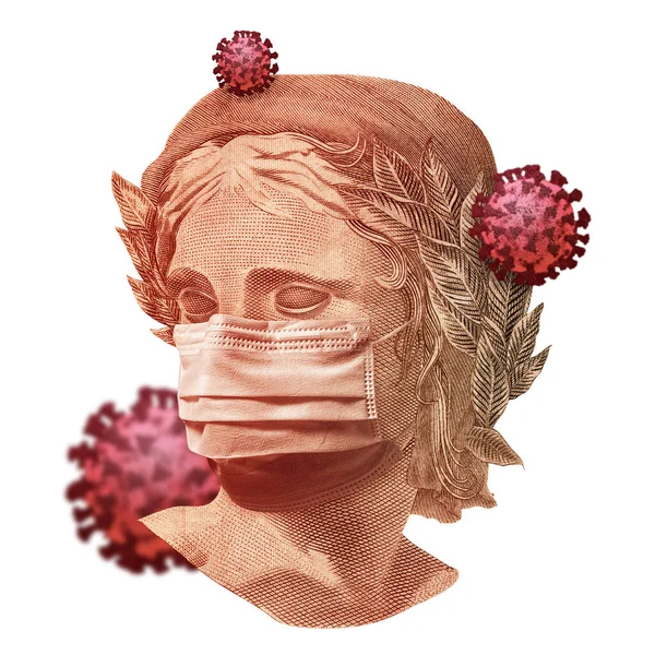 Concept for economic impact of the coronavirus pandemic in Brazil. Brazilian Real - BRL currency banknote face wearing a mask with floating red viruses.