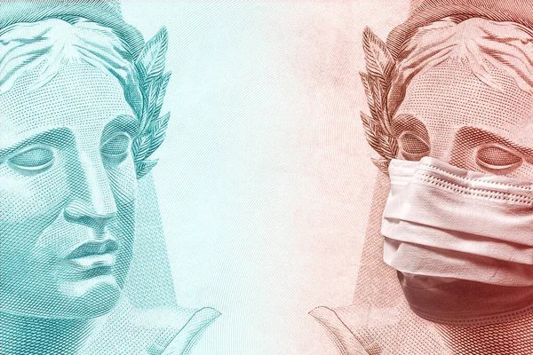 Concept for economic impact of the coronavirus pandemic. Two Brazilian Real - BRL currency banknote faces. One of them is healthy and the other wears a mask.