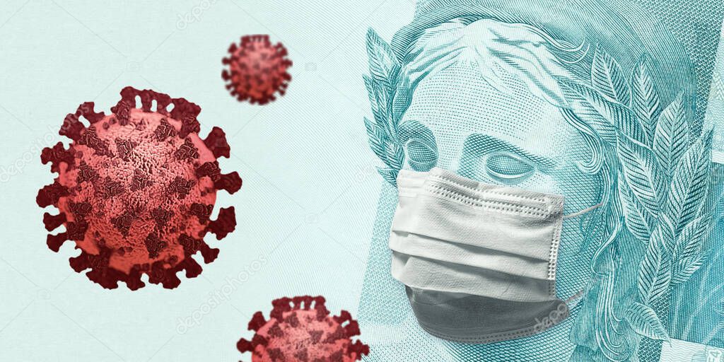 Concept for economic impact of the coronavirus pandemic. Brazilian Real - BRL currency banknote face wearing a mask besides floating viruses.