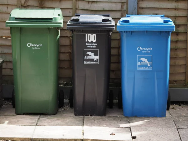 a row of council waste and recycling wheelie bins in a garden