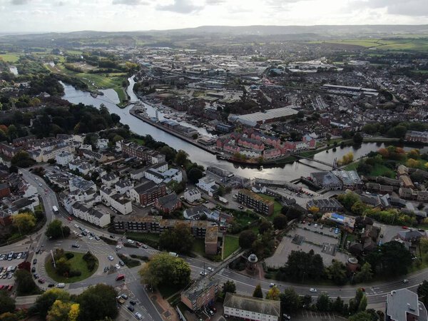 an aerial view of Exeter City centre , Devon , England, UK looking towards the River Exe