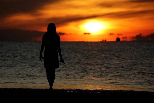 Silhuett av kvinna promenader på stranden — Stockfoto
