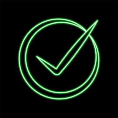 Yeşil onay işareti Neon işareti vektör. Kontrol listesi düğmesini neon tabela, tasarım şablonu, modern trend tasarım, gece neon tabela, gece parlak reklam, banner, hafif sanat yak. Vektör çizim