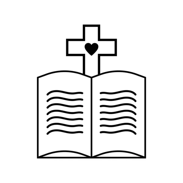 Estilo Doodle biblia abierta o libro con la cruz cristiana y la ilustración del vector del corazón — Vector de stock