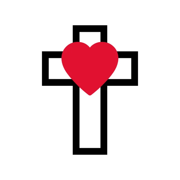 Religion, kristet kors med hjärta ikon vektor illustration på vit bakgrund — Stock vektor