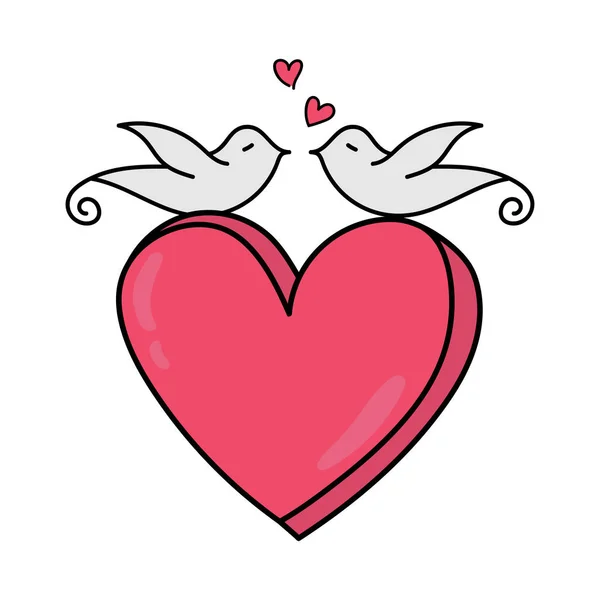 Kocham ptaki siedzące na czerwonym sercu - kartka na Walentynki. Ilustracja wektora — Wektor stockowy