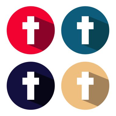 Renkli Hıristiyan çapraz simgeler kümesi. Beyaz Hıristiyan çapraz uzun gölge ile. Vektör çizim. Hristiyan çarmıhta yuvarlak düğmesini.